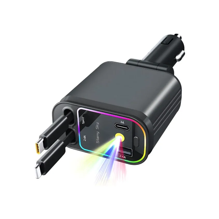 Cargador p/ Auto 4en1 66W c/ Proyector Usb-C Lightning Retractil